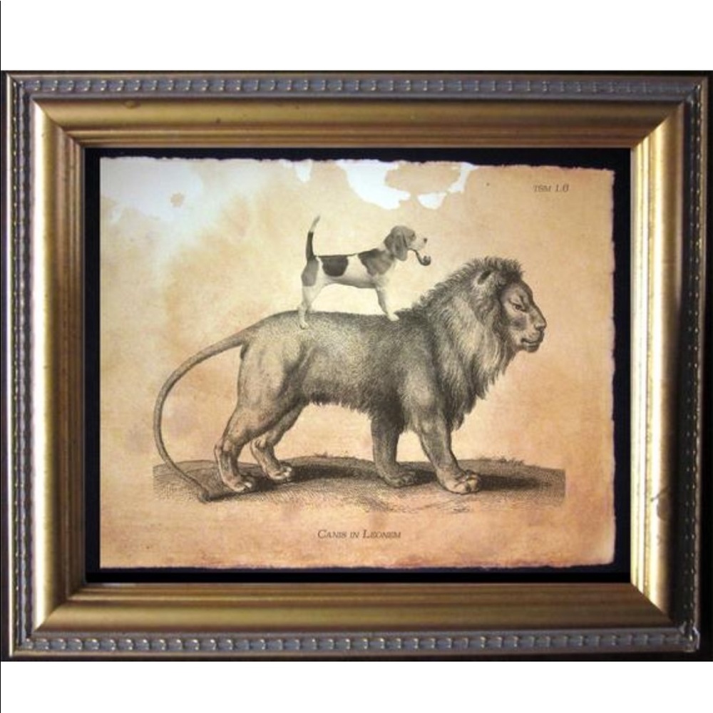 Beagle Riding Lion Wall Art Print Tea Stained